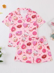 2 pieces of cute girls' donut print short sleeved shorts pajama set with buttons on the top and elastic waistband, suitable for all seasons of casual and comfortable fashionable home wear, Pastel Cute Pajamas