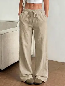 Women’s summer lightweight solid-color Lyocell linen wide-leg pants with elastic waistband and drawstring, drapey loose casual straight-leg long pants