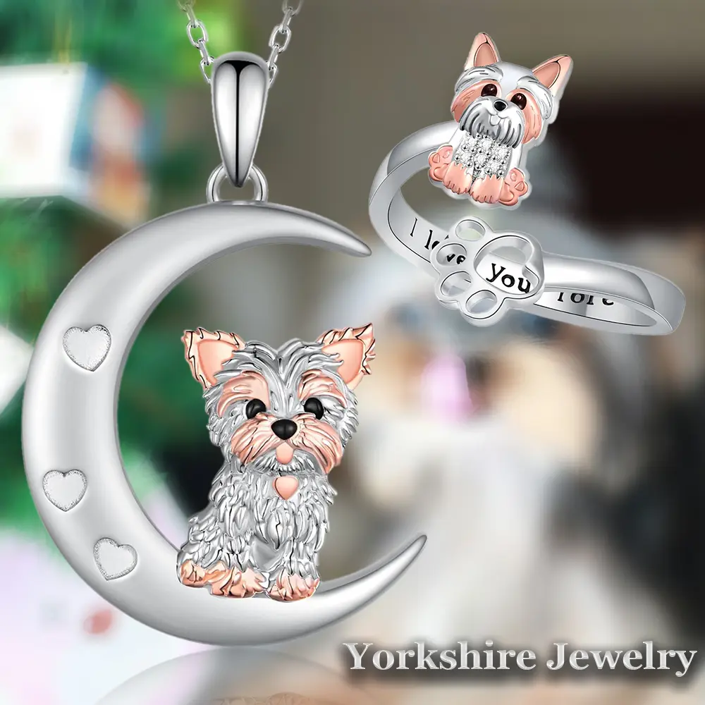 Cute Yorkie Animal Head Pendant Necklace & Adjustable Ring Jewelry Set - 2 Pcs Fashionable Alloy Costume Jewelry Set for Themed Parties, Birthdays, Jewelry Sets