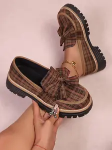 Women's New Season Round Toe Loafers, Plaid Heeled Fashion Versatile Deep Mouth Bow Shoes, Comfortable Slip-On Casual Footwear