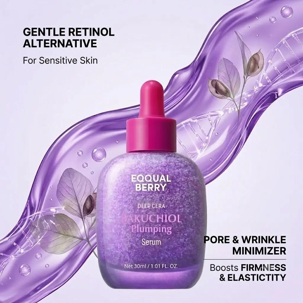 EQQUALBERRY Bakuchiol Plumping Serum - Pore Minimizer, Wrinkle Minimizer, Retinol Alternative for Sensitive Skin, Firmness & Elasticity Enhancer with Ceramide