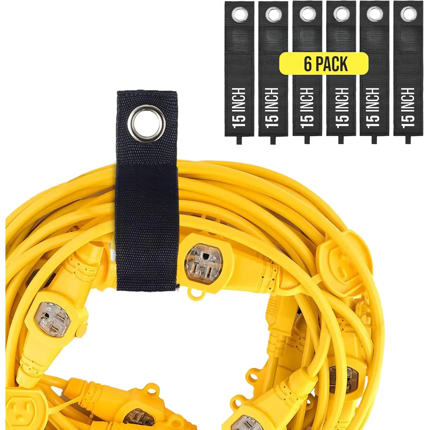 15-Inch Industrial-Strength Storage Straps (6 Pack) with Cinch-and-Buckle System, Easy-to-Use Garage Organization Workshop Tool for Extension Cords, Hoses, Versatile Cost-Effective Keeper