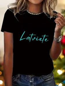 1pc Women'S Y2K Style Casual Sports T-Shirt - "Latviete" Print, Black/White/Teal/Gray/Beige/Red, High-Stretch Polyester, Short Sleeve Crew Neck, Comfortable & Breathable, Perfect for Spring/Summer/Fall, Ideal Birthday Gift, Casual Wear| Y2K Fashion| Str