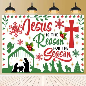 Nativity Cross Christmas Banner - "Jesus is the Reason for the Season" Religious Holiday Decor, Durable Polyester Indoor/Outdoor Backdrop for Christmas, Weddings, Parties, No Electricity Needed, All-Season Use, Christmas Decor