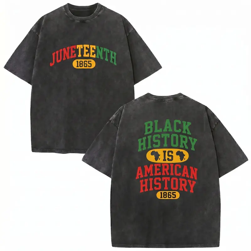 Men's Classic Washed Cotton Soft Graphic T-Shirt - Short Sleeve Round Neck, Unisex Cut, Double-Sided Juneteenth & Black History Digital Print, Peel-Resist Ink, Casual Fit, All Seasons, Easy Layering Menswear Top
