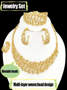 Elegant Jewelry Set, 18k Gold Plated Beaded Design, Includes Necklace Earrings Ring Bracelet, Perfect for Parties and Events