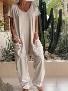 Boho-Chic Loungewear Jumpsuit, V-Neck Short Sleeve Harem Romper with Pockets, Casual Fitted Jumpsuit for All Seasons, Beach & Coastal