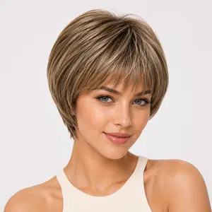 Female Short Light Brown Wavy Synthetic Full Machine Wig - 1pc Soft, Heat-Resistant Fashion Accessory for Halloween, Cosplay, Everyday Use (Bob Cut Wavy Wigs)