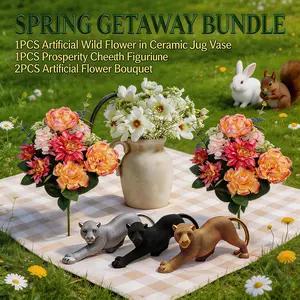 Spring Getaway Prosperity Bundle: Beaded Resin Cheetah & Ceramic Jug Artificial Flower & 2PCS Mixed Pink Bouquets