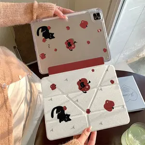 Background Polka Dot Apple Cat Print Anti-Drop Acrylic Y-Fold Stand Tablet Case, Transparent Back with Pen Slot, Fits Various Ipads