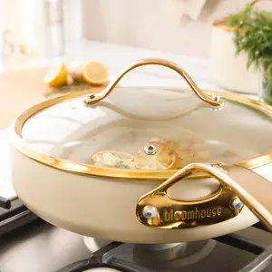 Bloomhouse 10 Inch Heavy Duty Aluminum Premium PFA Free Ceramic Nonstick Saute/Deep Frying Pan Skillet - Almond Cream with Gold Handle