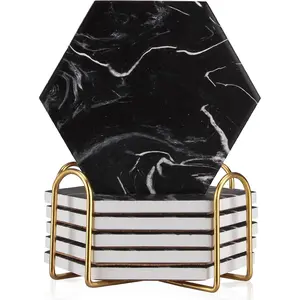 Cool Black Marble Coaster Set with Holder Hexagon Absorbent Coasters Modern Ceramic Coster 6 Pack  Stone Drink Coaster Beverage Coffee Table Decor Funny Bar Desk Cup Coasters