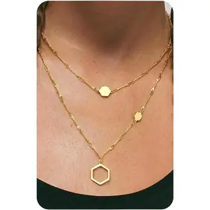 Honeycomb Layered Pendant Necklaces for Women Stackable, Dainty Y-Shaped Lariat Paperclip Pearl Heart Necklace, 16K Gold Silver Plated Long Necklaces Women's Trendy Drop Chain Necklace Jewelry