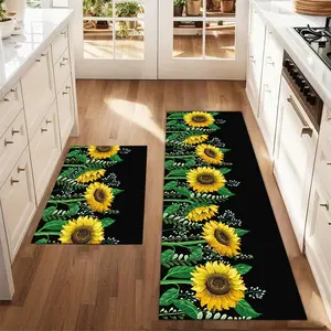 2Pcs Sunflower black background Floor mat set including farmhouse kitchen Rug dining room flooring laundry room decorative carpet mat