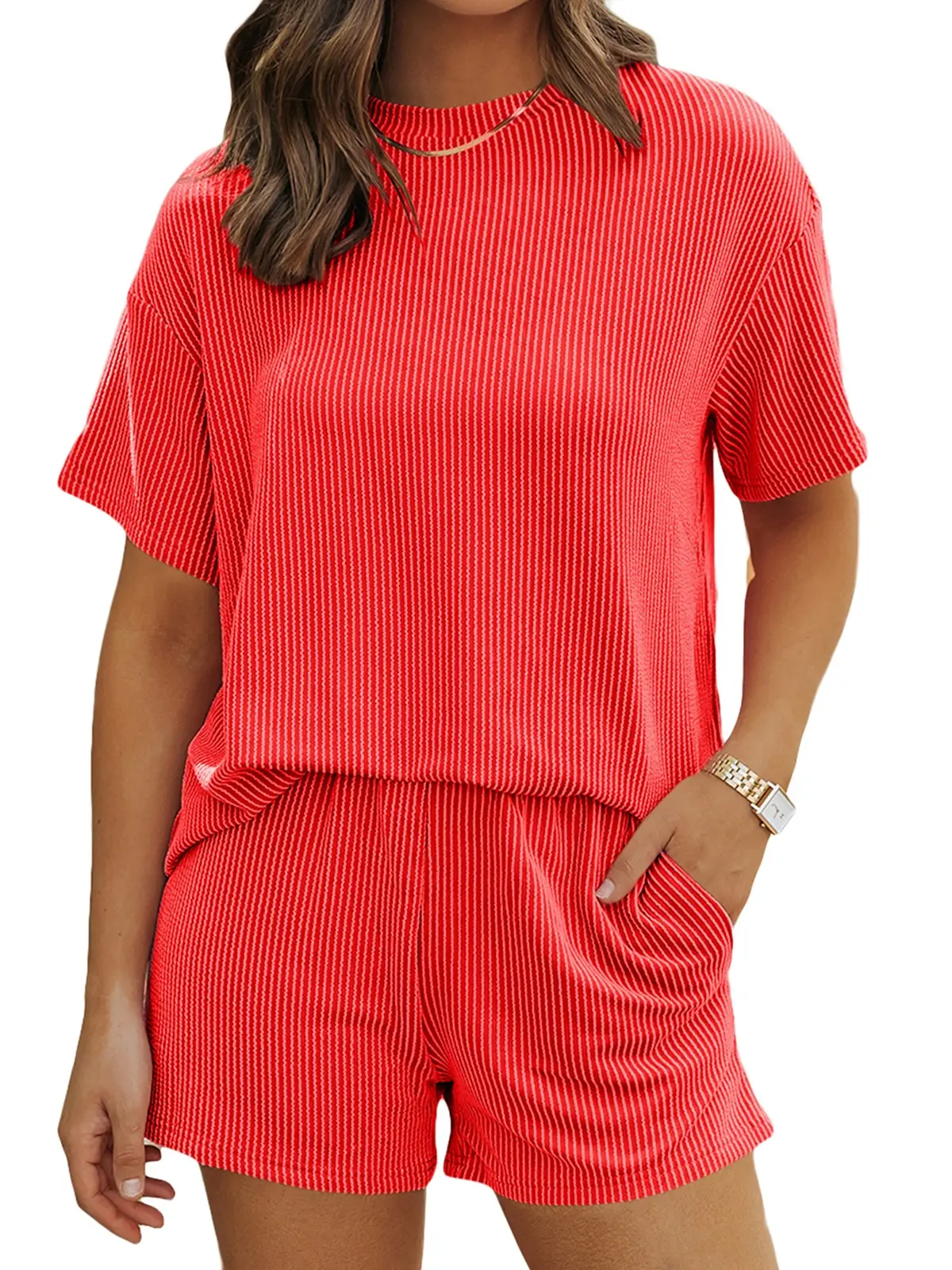 Asvivid Matching Sets Women 2 Piece Sets for Summer Short Sleeve Twisted Thread Shirt & Shorts with Pockets Casual Pajamas Ribbed Textured Outfit Lounge Set Womenswear sohochic