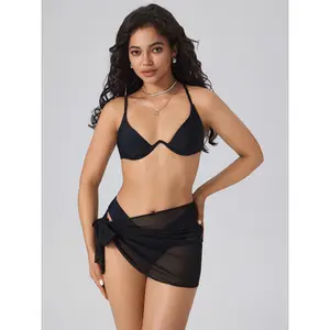Cider 3Pcs Underwire Solid Bikini Set With Mesh Sarong
