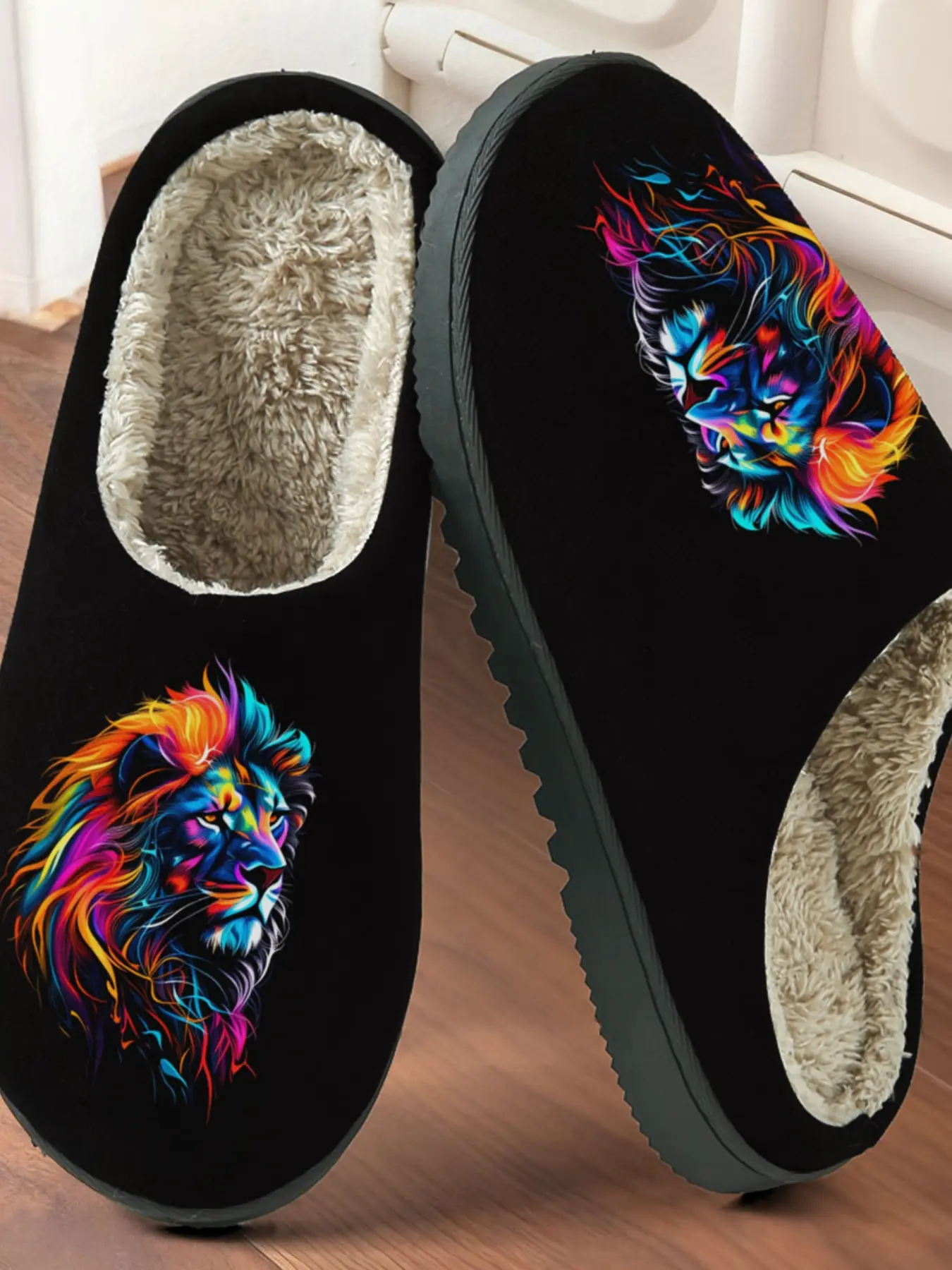 Colorful Lion Art Casual Cotton Slippers, Plush Lined Anti-Slip Thick Sole, Home Art Cool Lover Fall Winter Warm Shoes