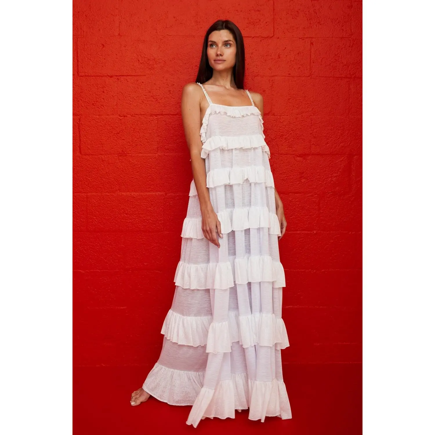Beaded Casual Dresses for Women - Sleeveless Summer Tiered Ruffle Maxi with Metallic Pearl Beaded Straps and Scoop Back, Decorative Embellishments Casual Dresses, Maxi Dress, Metallic Thread