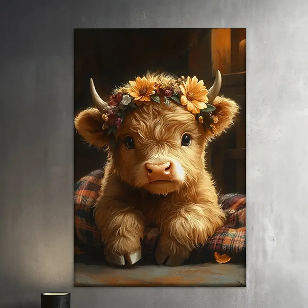 1pc Wooden Framed Canvas Art Print - Adorable Highland Cow with Floral Crown, Cozy Rustic Scene, Perfect for Living Room, Office, or Cafe Decor | Ideal Gift for Birthdays, Mother's Day, Easter & More, Living Room Art | Rustic Home Decor | Canvas Art Piece