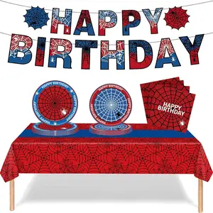 Spider Birthday Decor Set, includes 24 plates, 20 napkins, 15 banners, and 1 tablecloth.Spider themed party supplies suitable for boys and girls2026