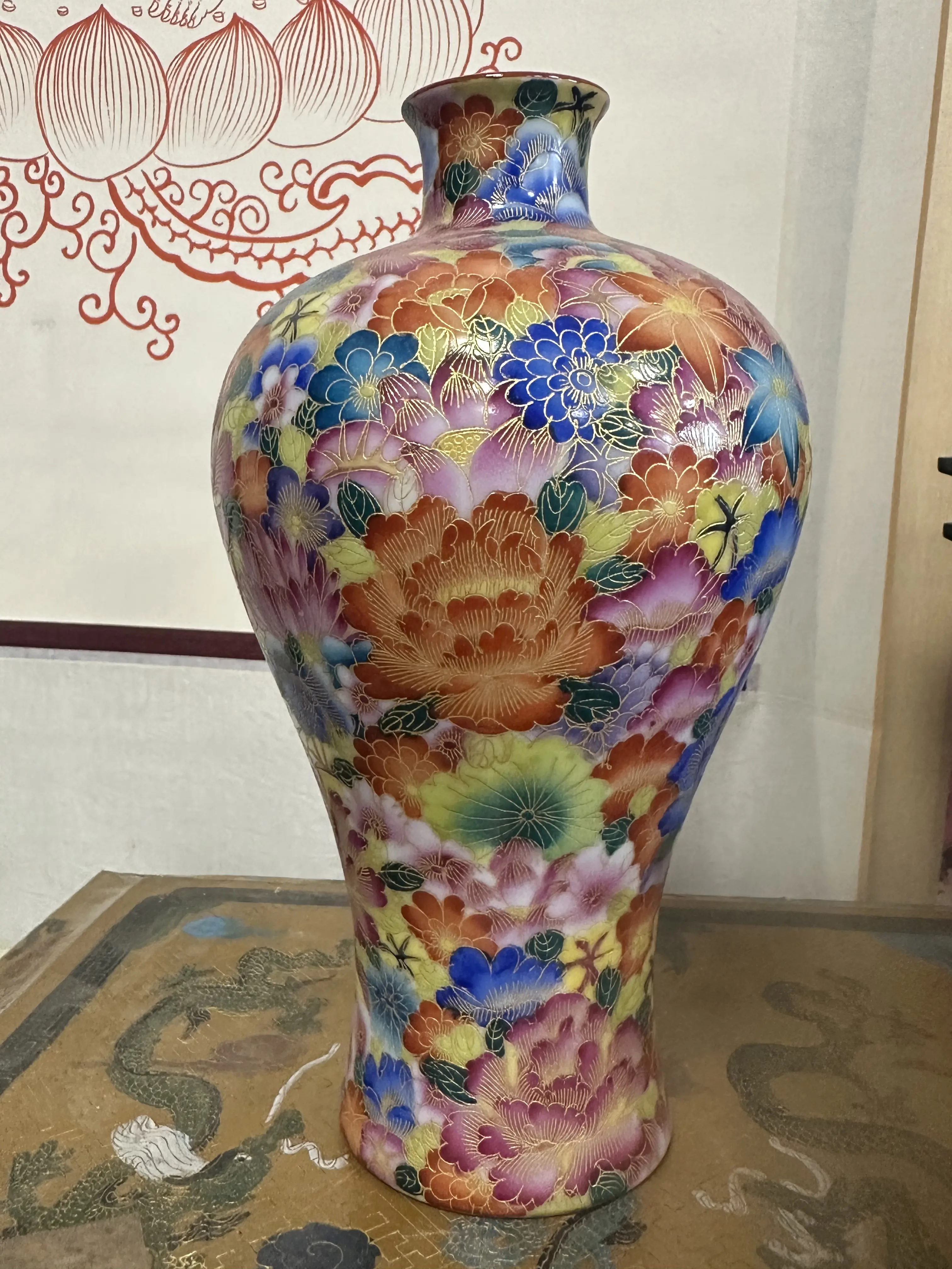 Chinese Vintage Kiln Change Glaze Dragon Handle Decor Vase