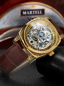 1pc Men's Luxury Vintage Skeleton Automatic Mechanical Watch Square Carved Case Leather Strap Business Casual Fashionable Fashion Wristwatch Fashionable Stylish Watch