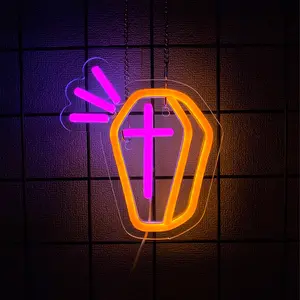Halloween Cross Coffin Neon Sign LED Sign Punisher Neon Light for Wall Decor Skeleton Neon Light Gothic Room Decor Gothic Lover Gifts for Bedroom Man Cave Bar Home for Party Art Decor