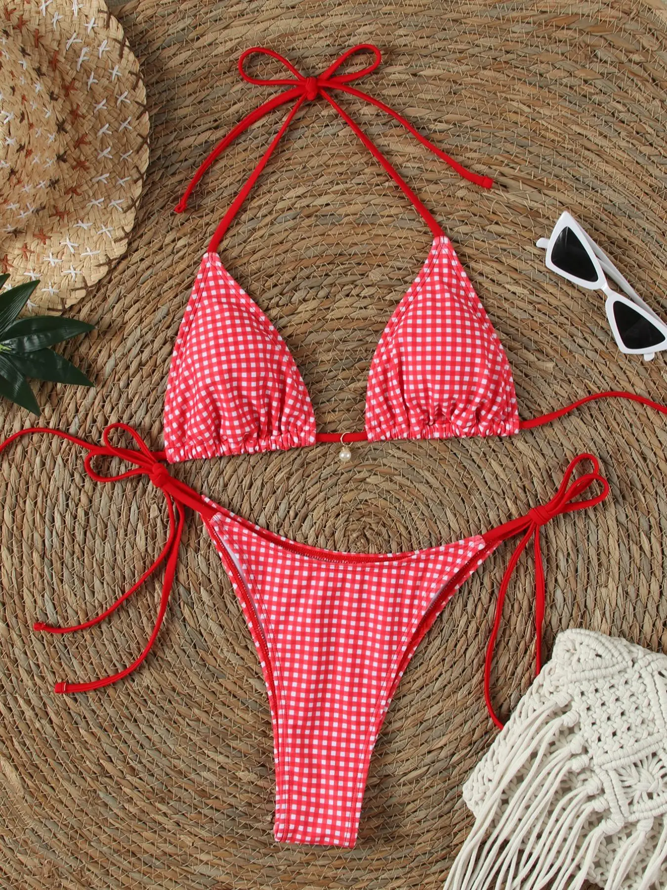Two-Piece Set Women's Plaid Print Halter Bikini Set, Casual Fashion Chic Tie Back Swim Top & Tie Side Swim Bottom Two-Piece Swimsuit for Beach Holiday