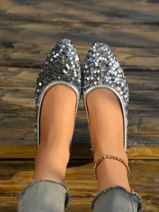 Women's Glitter Sequins Decorated Slip on Flats, Elegant Pointed Toe Flat Shoes for Party, Daily Clothing Decor for Girl, Footwear, Rubber