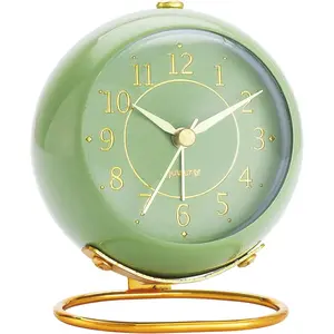 Metal Desk Clock, Retro Bedroom Table Vintage Analog Alarm Clock, Silent Non-Ticking Gold Clock, Bedside Décor(Olive-Green)