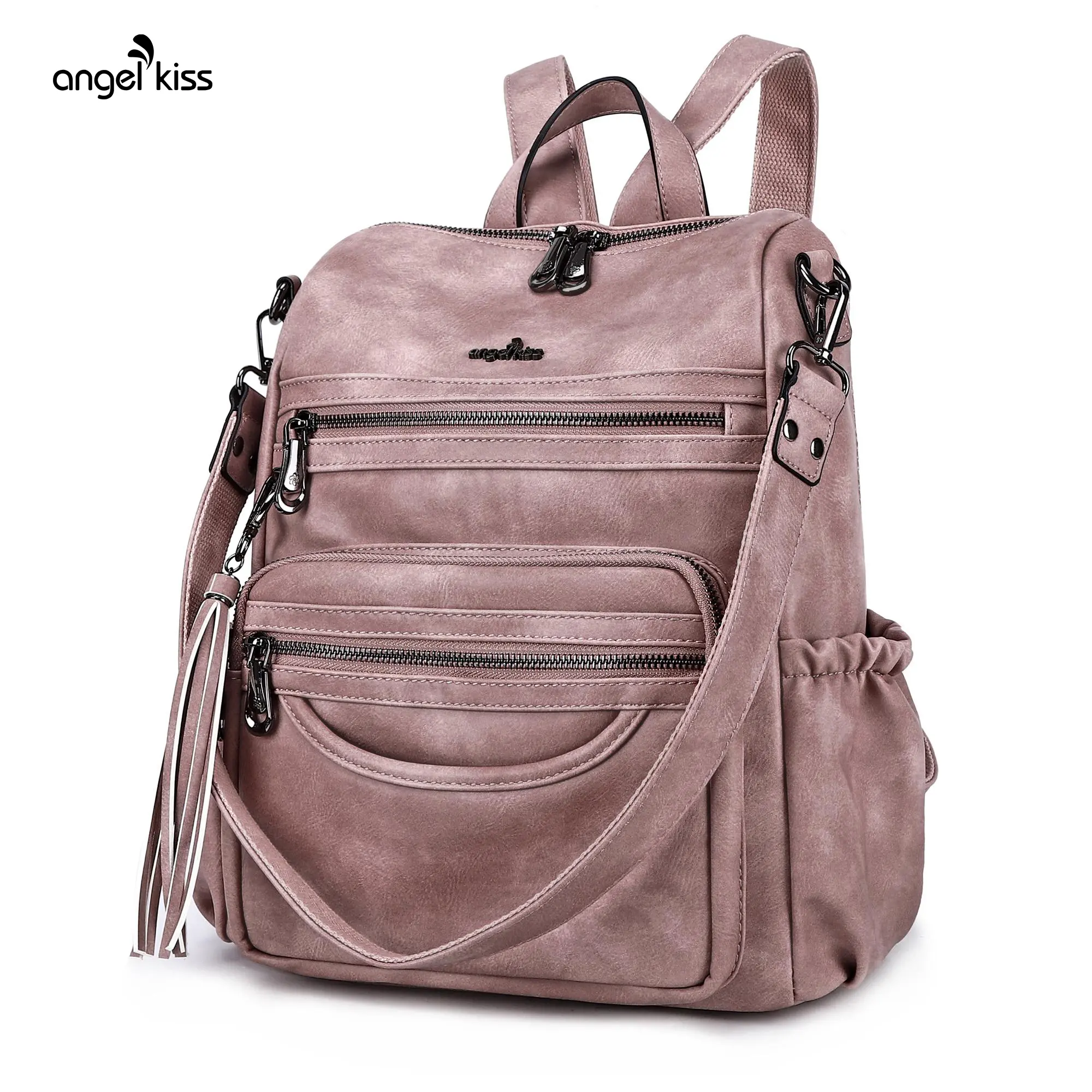 Angel Kiss Women's Lightweight PU Leather Convertible Backpack Purse - Vintage Tie Dye, Snap Hook Closure, Multi Compartment Pink Backpack with Shoulder Bag Functionality for Casual Use, Convertable Backpack Purse summerwins,summerwins