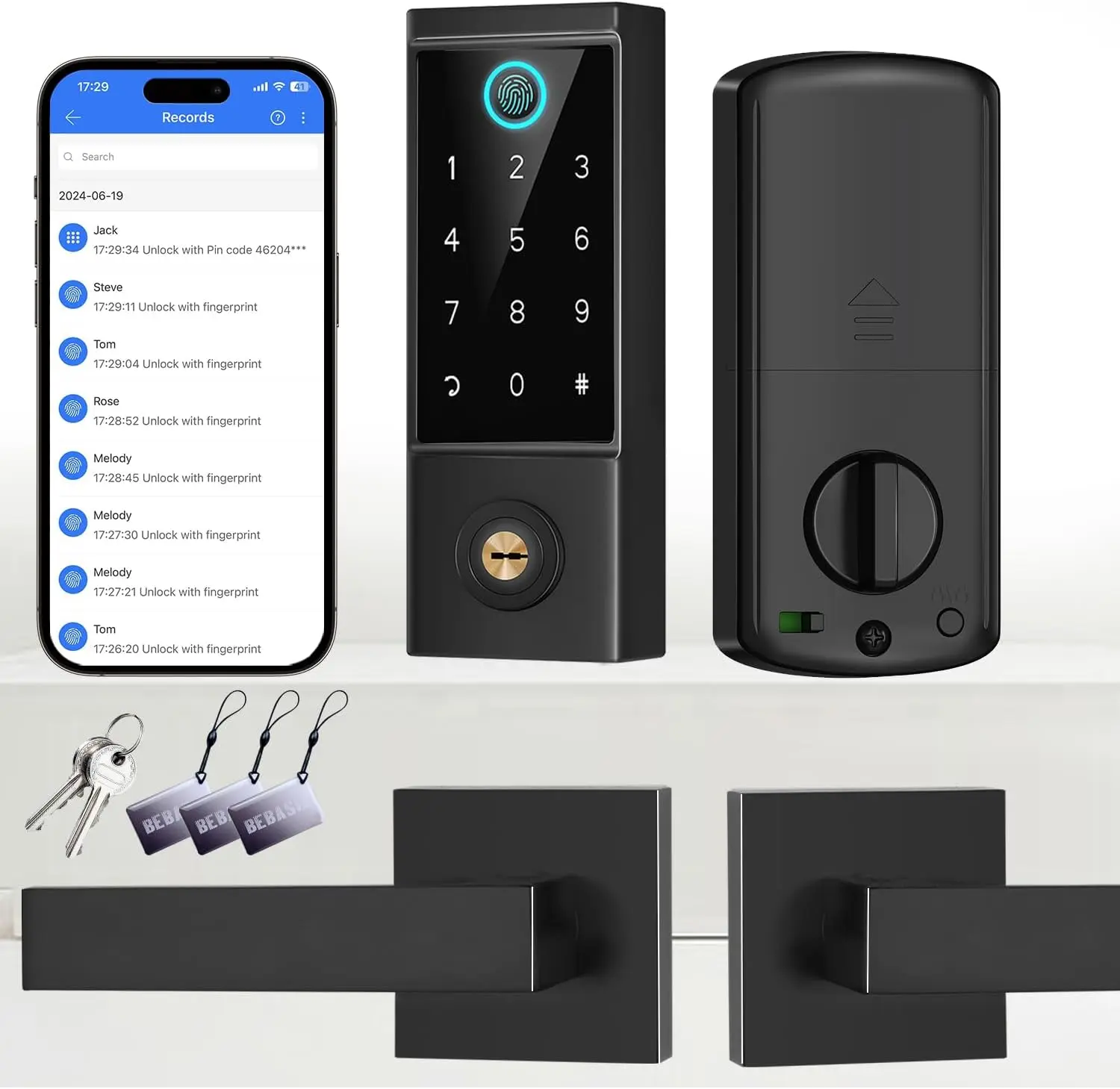 APP Control Fingerprint Lock with Handle, Heavy Duty  Keyless Entry Front Door Lock Set, Keypad Deadbolt with Lever Handles,  Locks for Front Door, Anti-Peeping Password Black