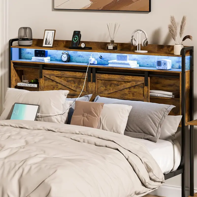 wanan Headboard King Size with Storage, 3 Tier Size Headboard only with Outlets, USB Ports and LED Light Strip, Headboards with Sliding Barn Doors, Adjustable Shelf (Brown, King (U.S. Standard))