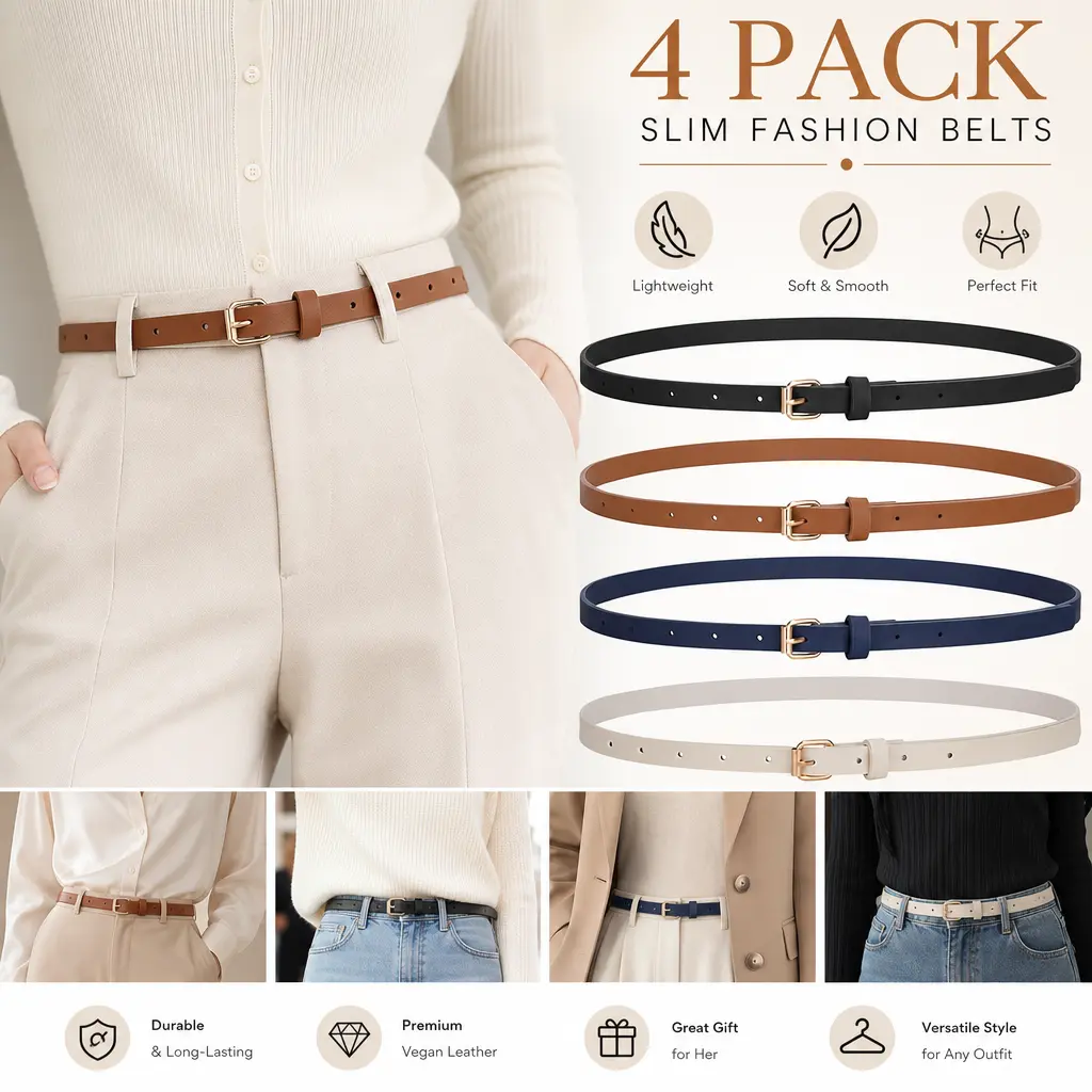 4 Pack Skinny Women Leather Belt – Thin Waist Belt for Dresses Jeans Pants with Gold Buckle, Adjustable Slim Fashion Belt for High Waisted Trousers, Coat, Blazer – Women Accessories Gift