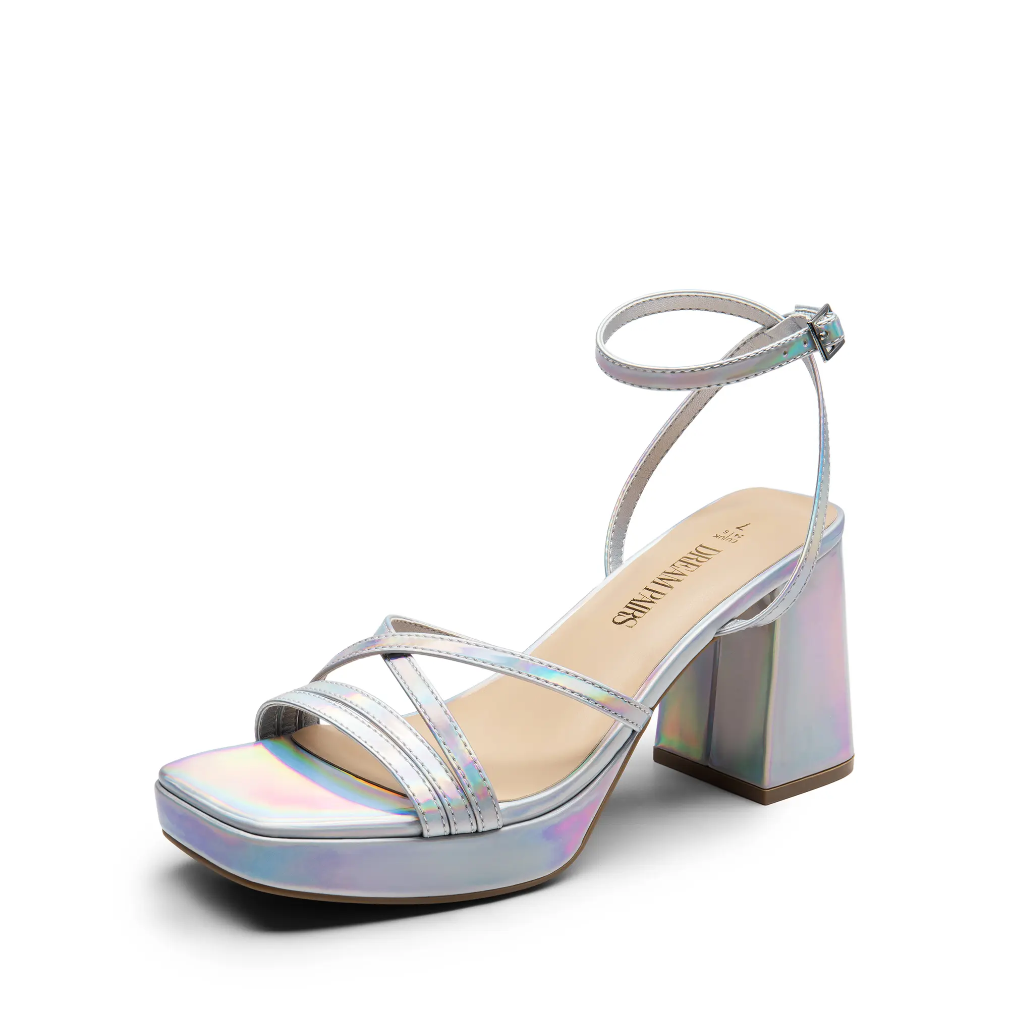 Dream Pairs Women's Holographic Patent Leather Sandals, Comfortable Block Heel Platform with a Square Toe for Party Wear, Footwear, Stylish, Rainbow Shine, Patent Vegan Leather, Comfortable Heels