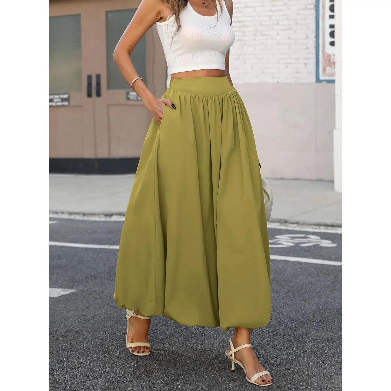 Women's Bubble Maxi Skirt with Pockets,Elastic Waist Puffy Hem Y2k Skirt Casual A Line Long Skirts