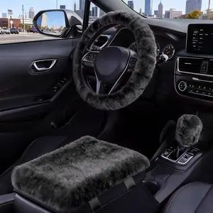 Fur Car Steering Wheel Cover with Fluffy Gear Shift Cover and Center Console Cover Soft Warm Plush Non-Slip 14 1/ 2-15inch Women Girls 3-Piece Set Black