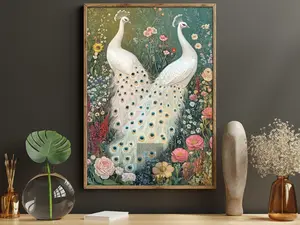 White Peacock Canvas Print, Elegant Bird Poster, Botanical Floral Wall Art