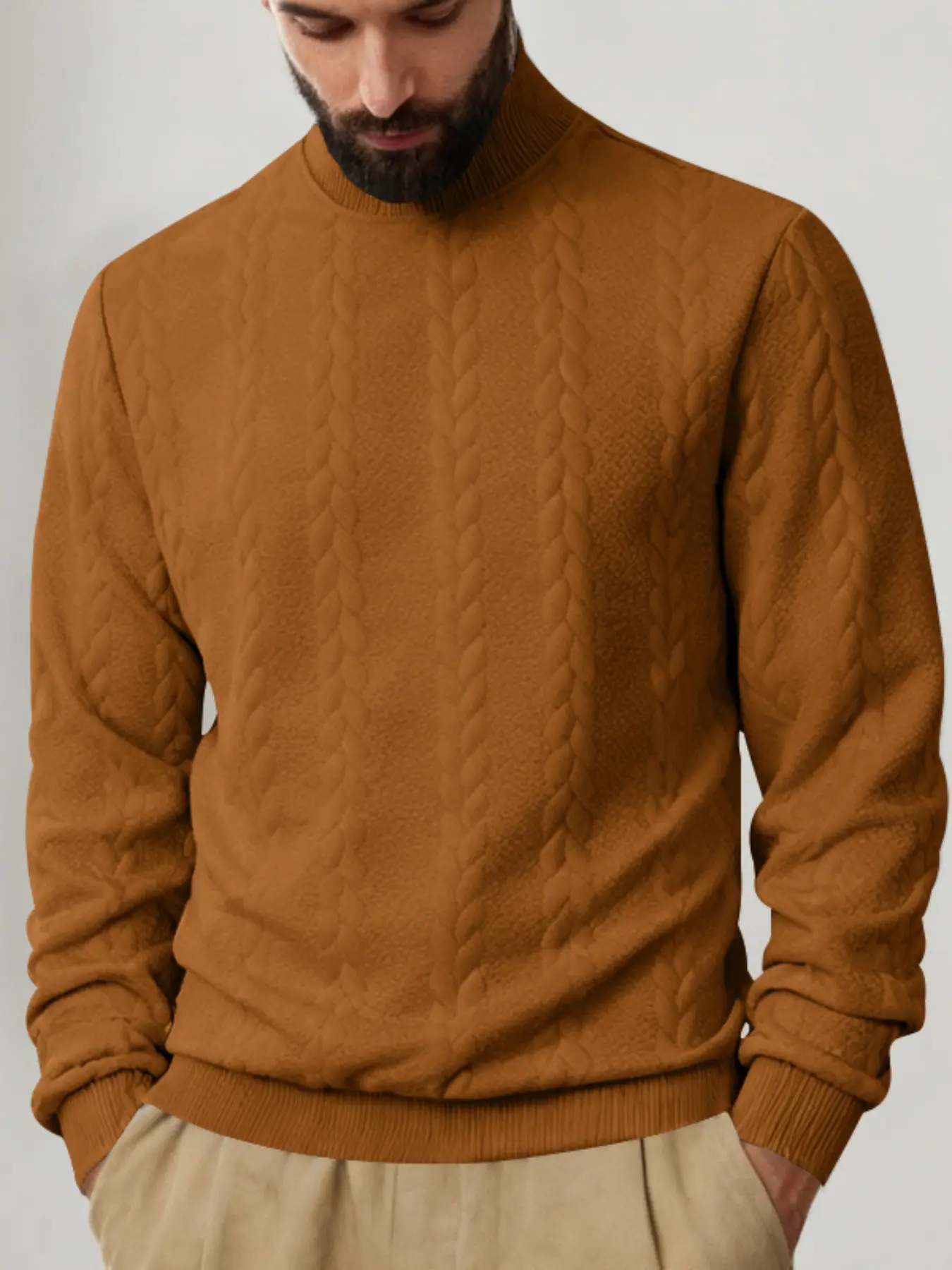 Men's Fashion High Neck Long Sleeve Oversized Solid Color Pullover Sweater, Textured Knitwear, Casual Fall Winter Top, Unisex Design, Menswear