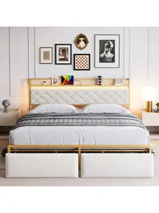 Bed Frame, Upholstered Platform Bed Frame With RGB LED Lights, Charging Station And 2 Storage Drawers, Noise Free, No Box Spring Needed, Easy Assembly,Off-white_KING