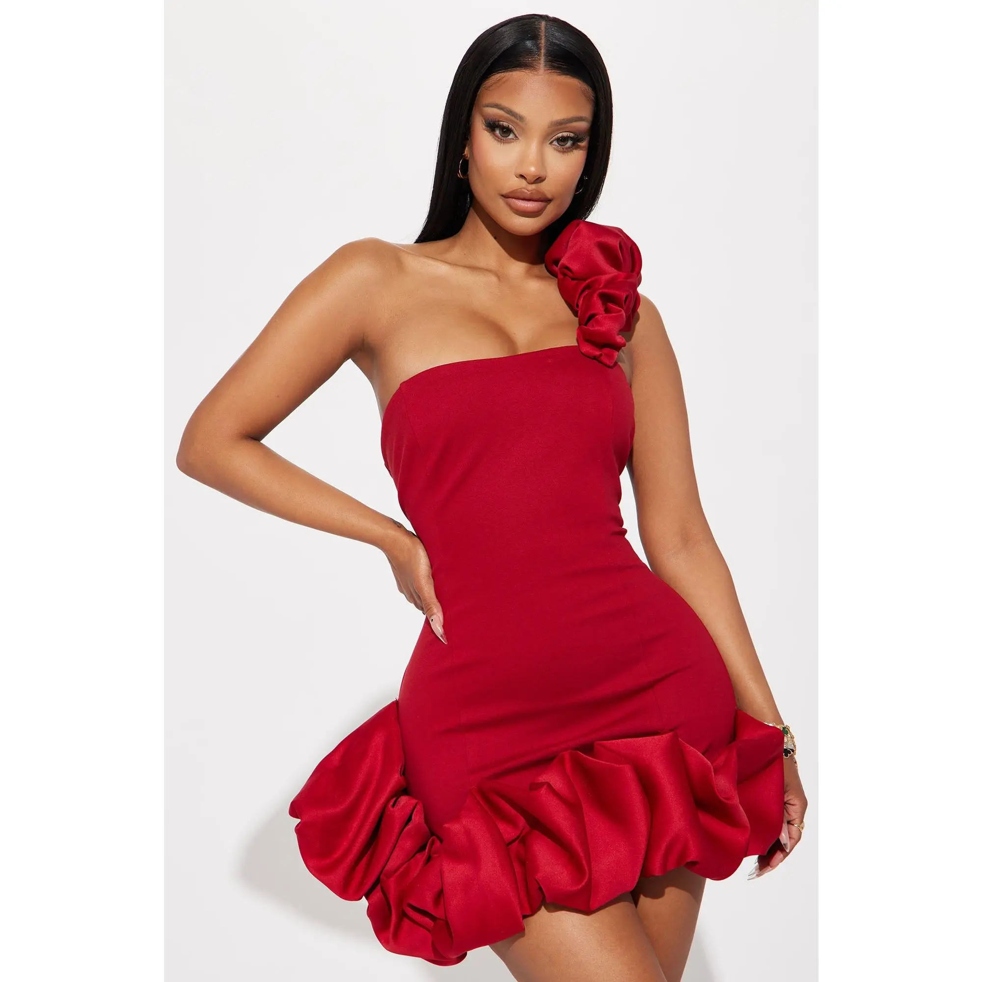 open lace back dress Red Asymmetrical Ruffle Midi Dress main image 1