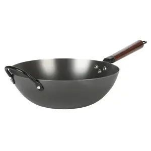 Babish 13" Carbon Steel Wok For Daily Meal Cooking Detachable Wooden Handle Flat Bottom Induction Stir Fry Pan