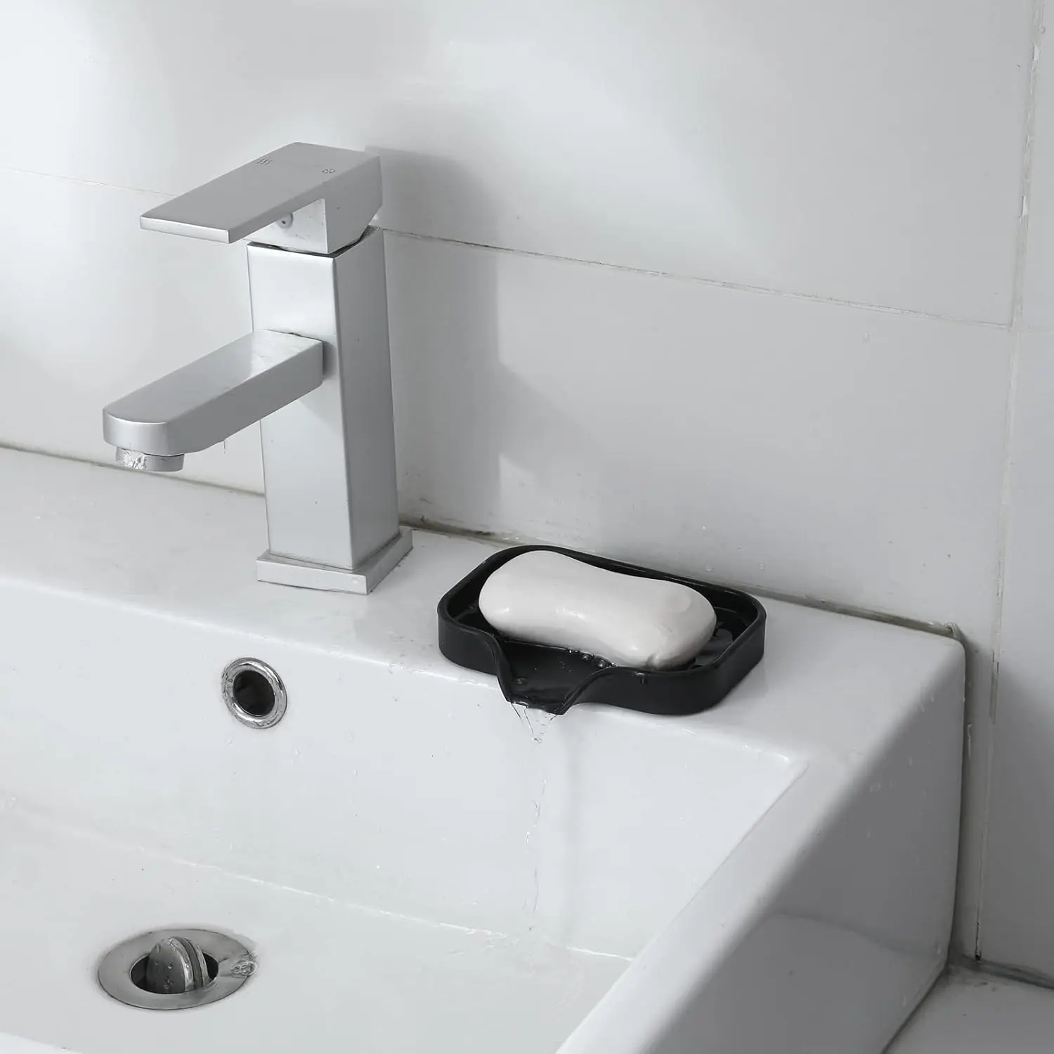 MicoYang Silicone Bathroom Soap Dish with Drain Spout - Black 4.9"x3.2" - Multiple Usage Sponge Holder, Dish Soap Tray, Sink Organizer for Bar Soap, Dispenser, Scrubber, Bottle, Cup - Food Grade Silicone, Non-Slip Bottom, Easy to Clean