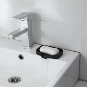 MicoYang Silicone Bathroom Soap Dish with Drain Spout - Black 4.9"x3.2" - Multiple Usage Sponge Holder, Dish Soap Tray, Sink Organizer for Bar Soap, Dispenser, Scrubber, Bottle, Cup - Food Grade Silicone, Non-Slip Bottom, Easy to Clean
