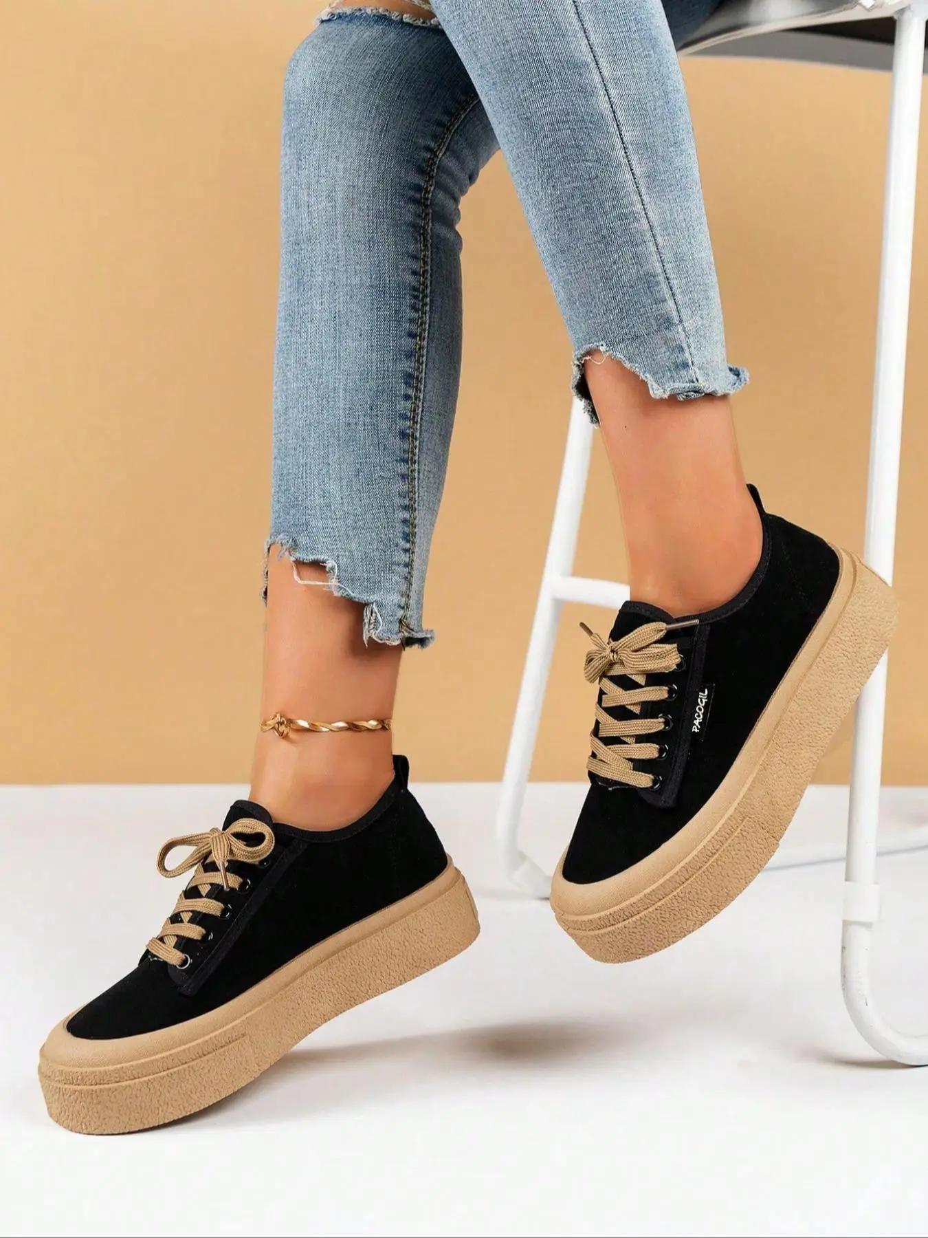 Solid Color Lace Up Low Top Platform Sneakers for Women, Women Shoes, Casual Comfortable Sporty Skate Shoes for Outdoor Wear, Breathable Non-slip Shoe