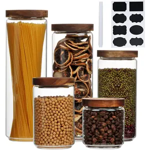 Glass Canisters With Wooden  Kitchen Jars for Storage,,Sugar and Coffee Container Set,Set of 5 Canisters for Candy, Cookie, Rice and  Jars