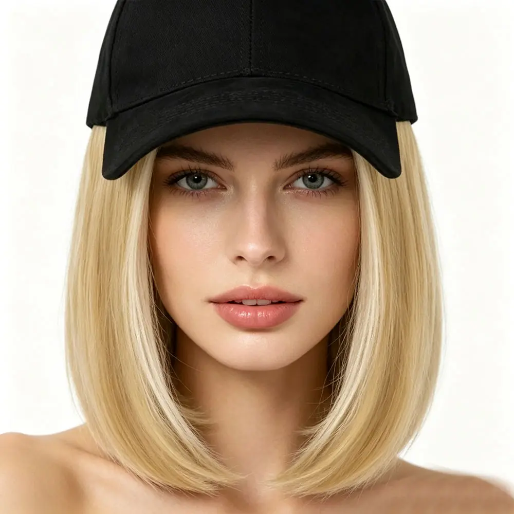 Women's Black Baseball Cap with Hair, 12in Silky Straight Bob, Heat-Resistant Ombre Blonde Synthetic Hair Extension