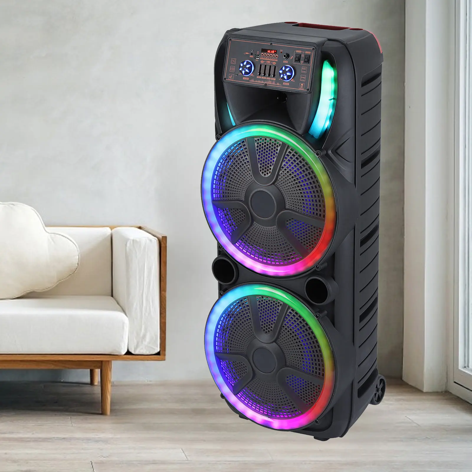 Dazone Large Bluetooth Karaoke Speaker with 2 Wireless Microphones, Dual 15" Subwoofer, Party Lights, Supports TWS/TF Card/USB/AUX