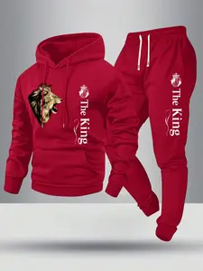 Spring/autumn lightweight men’s two-piece set featuring a hooded sweatshirt with a “Lion King” letter print and matching jogger pants with pockets; street-style athletic elastic-waist drawstring joggers with pocket design—an excellent gift for a boyfriend