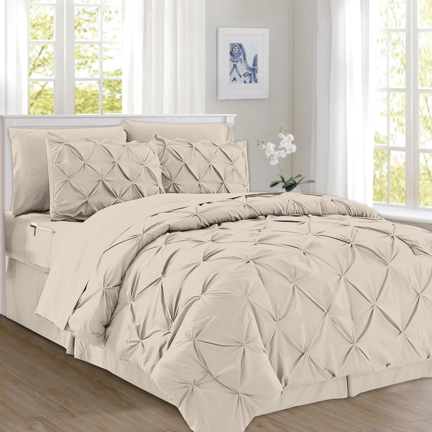 Elegant Comfort 8-Piece Pintuck Pinch-Pleated Comforter Set – Luxury Texture with 4-Piece Sheet Set with Double Sided Storage Pockets